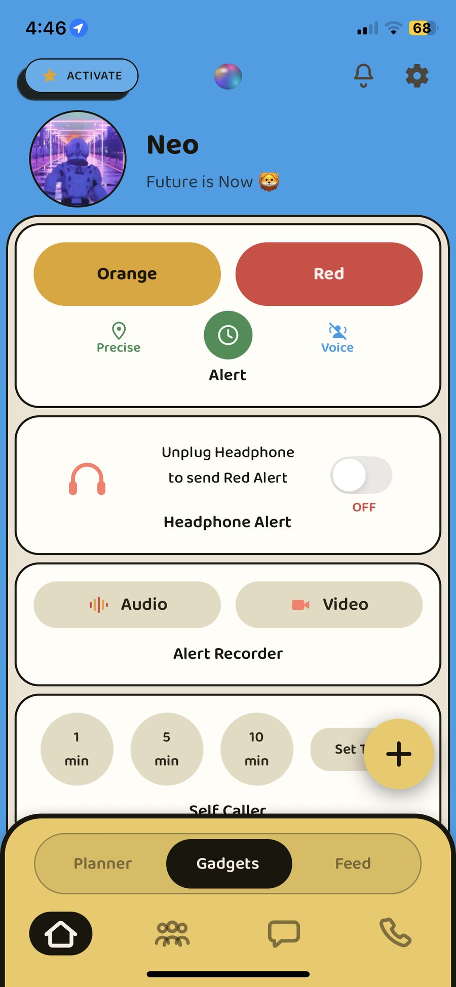 The Zich Home app: Orange and Red alert buttons, a safety timer, Headphone Alert, Alert Recorder and Self Caller